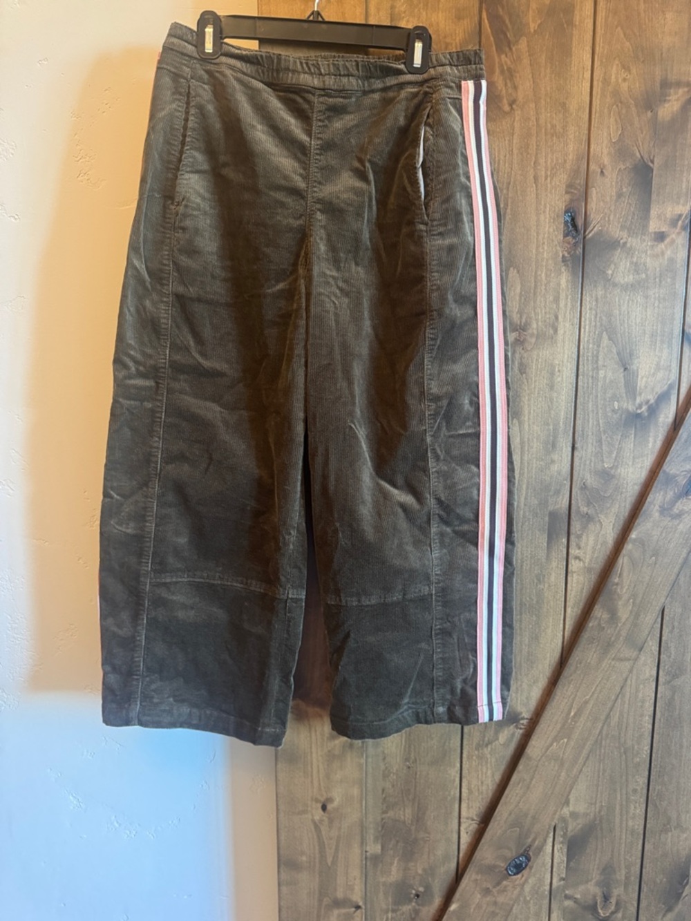Pilcro Black Corduroy Cropped Wide-Leg Pants with Pink & White Side Stripes